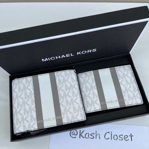 Michael kors Men Wallet Card Case Gift box set Bright White/Pearl Grey